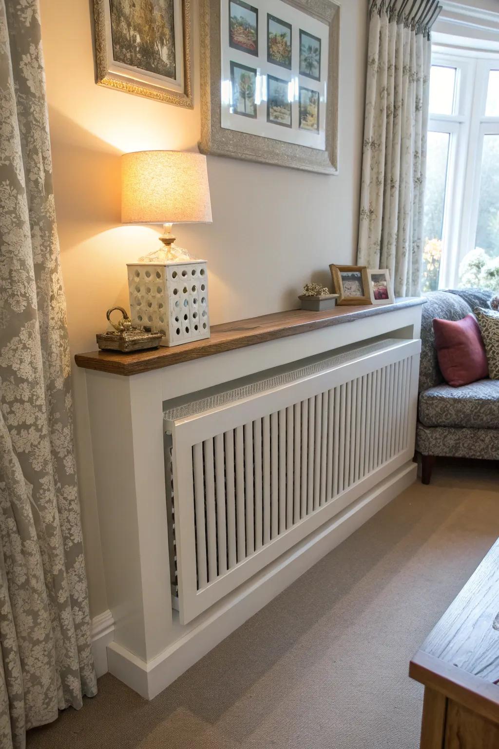A radiator shield creating the impression of a floating shelf.