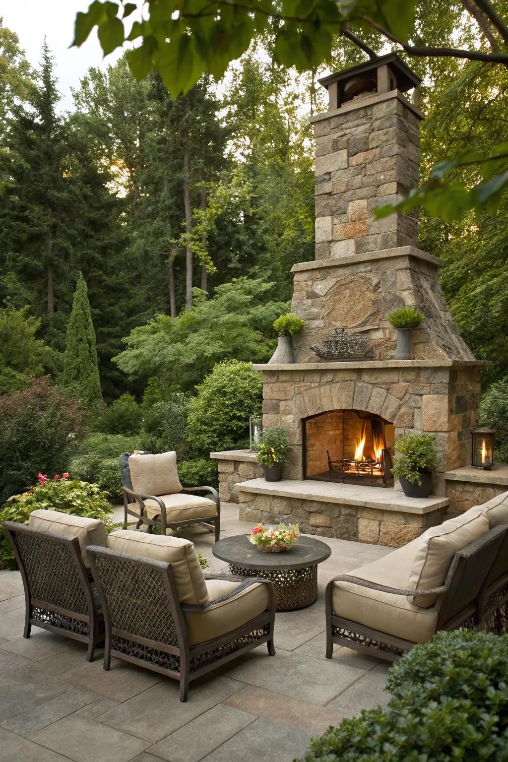An outdoor stone fireplace becomes the focal point for social gatherings.