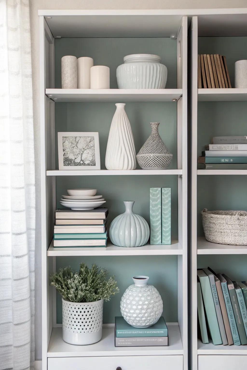 Achieve streamlined style with a monochrome shelf decor.