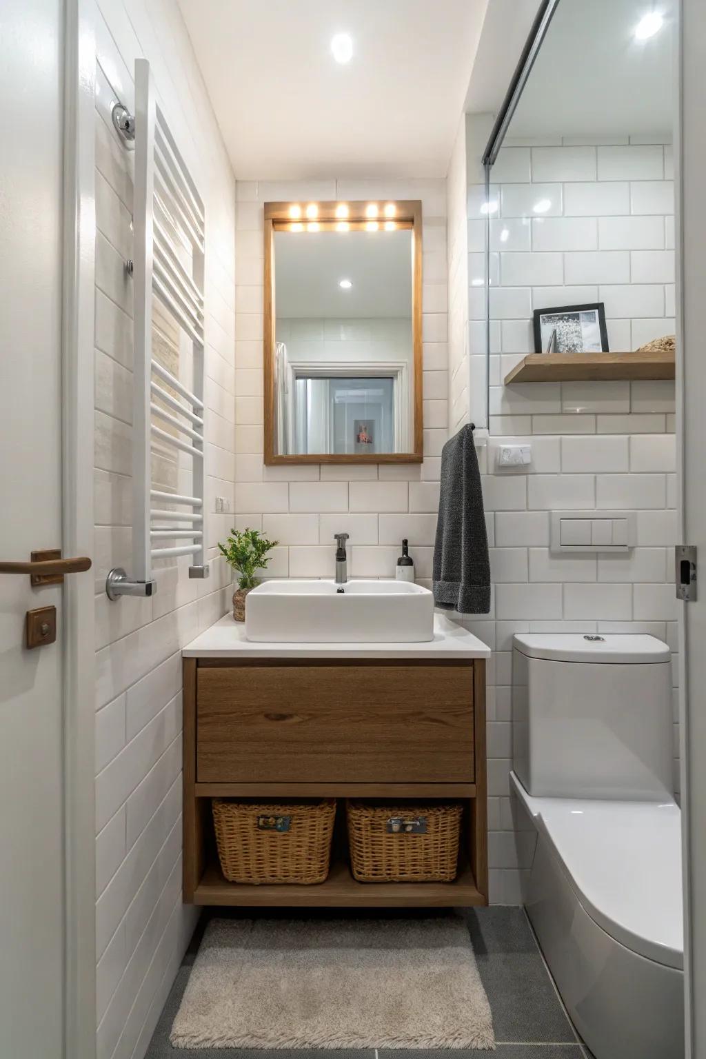 A floating vanity adds modern flair to this small bathroom.