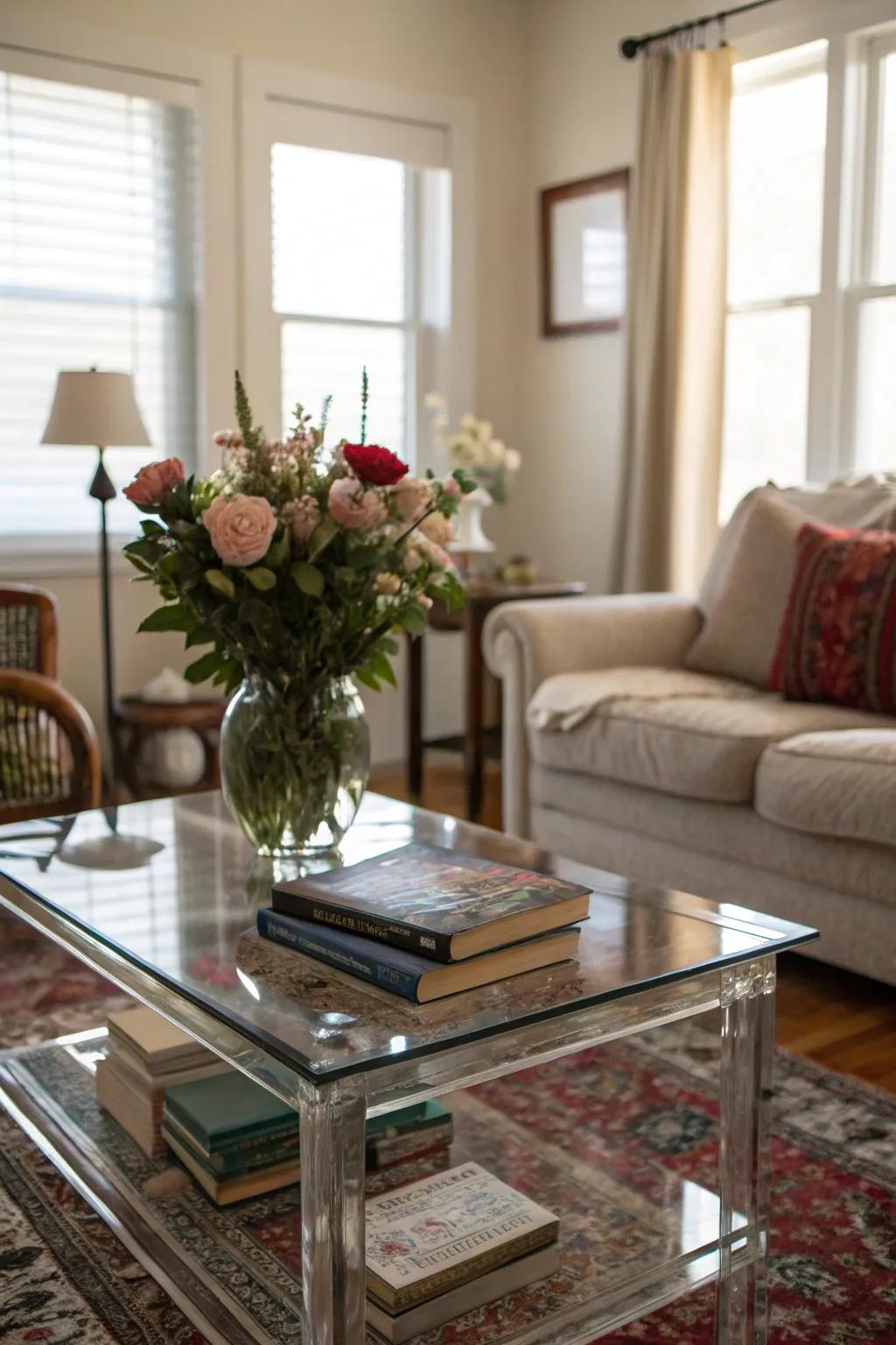 A small living room showing a see through glass coffee table.