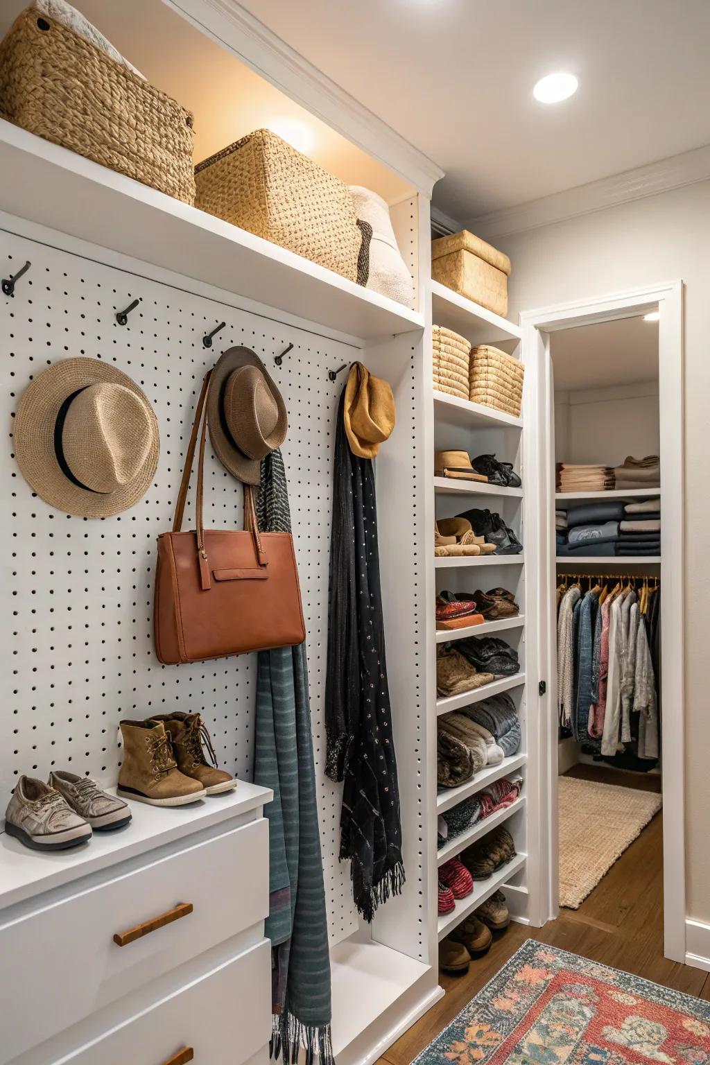 Pegboard walls provide flexible and stylish storage.