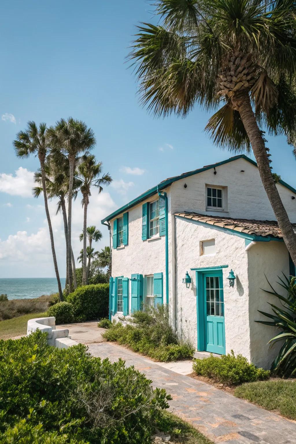 Stucco home with refreshing cyan accents.