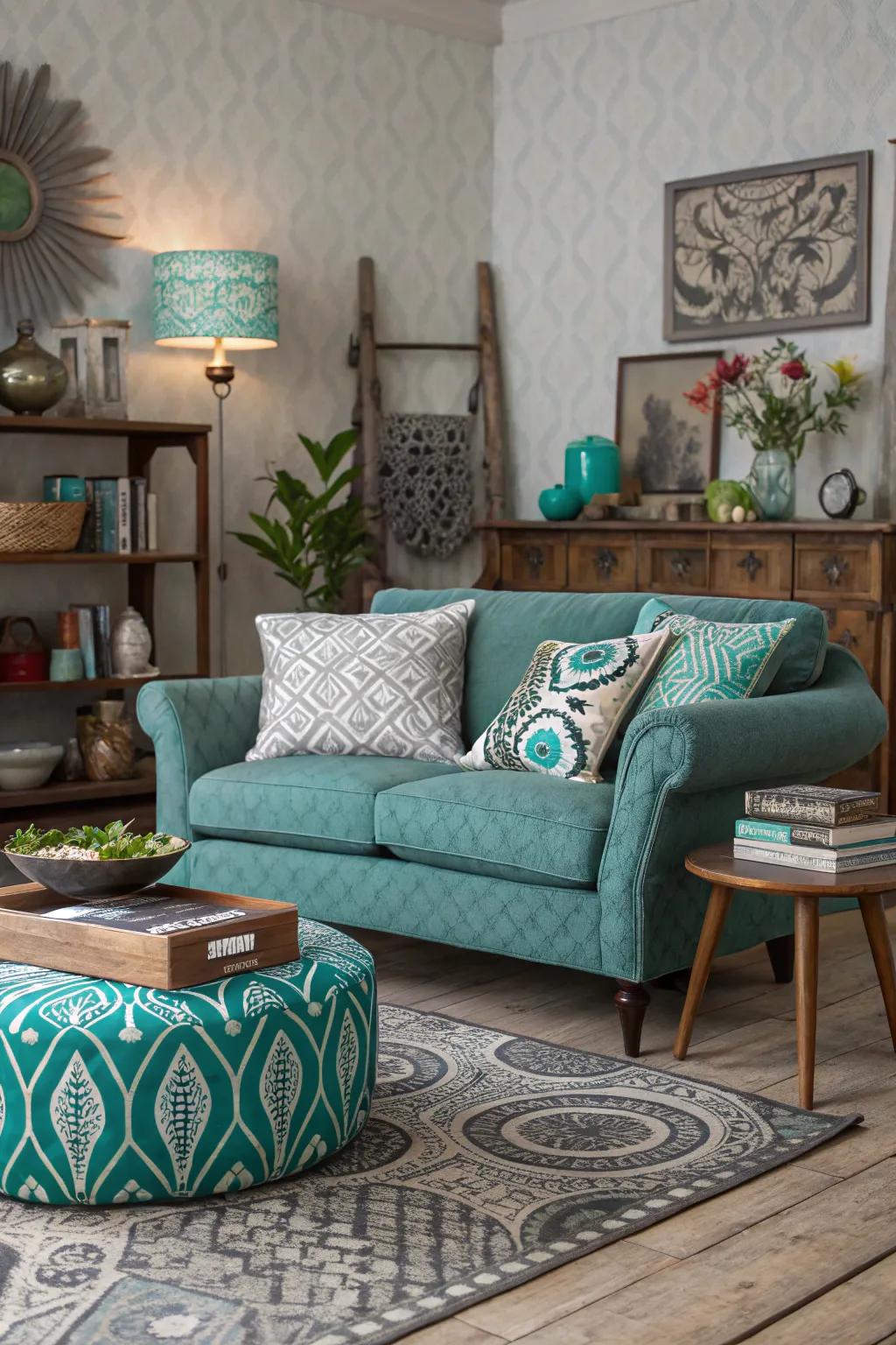 Eclectic patterns and textures bring vibrancy to a teal and gray room.