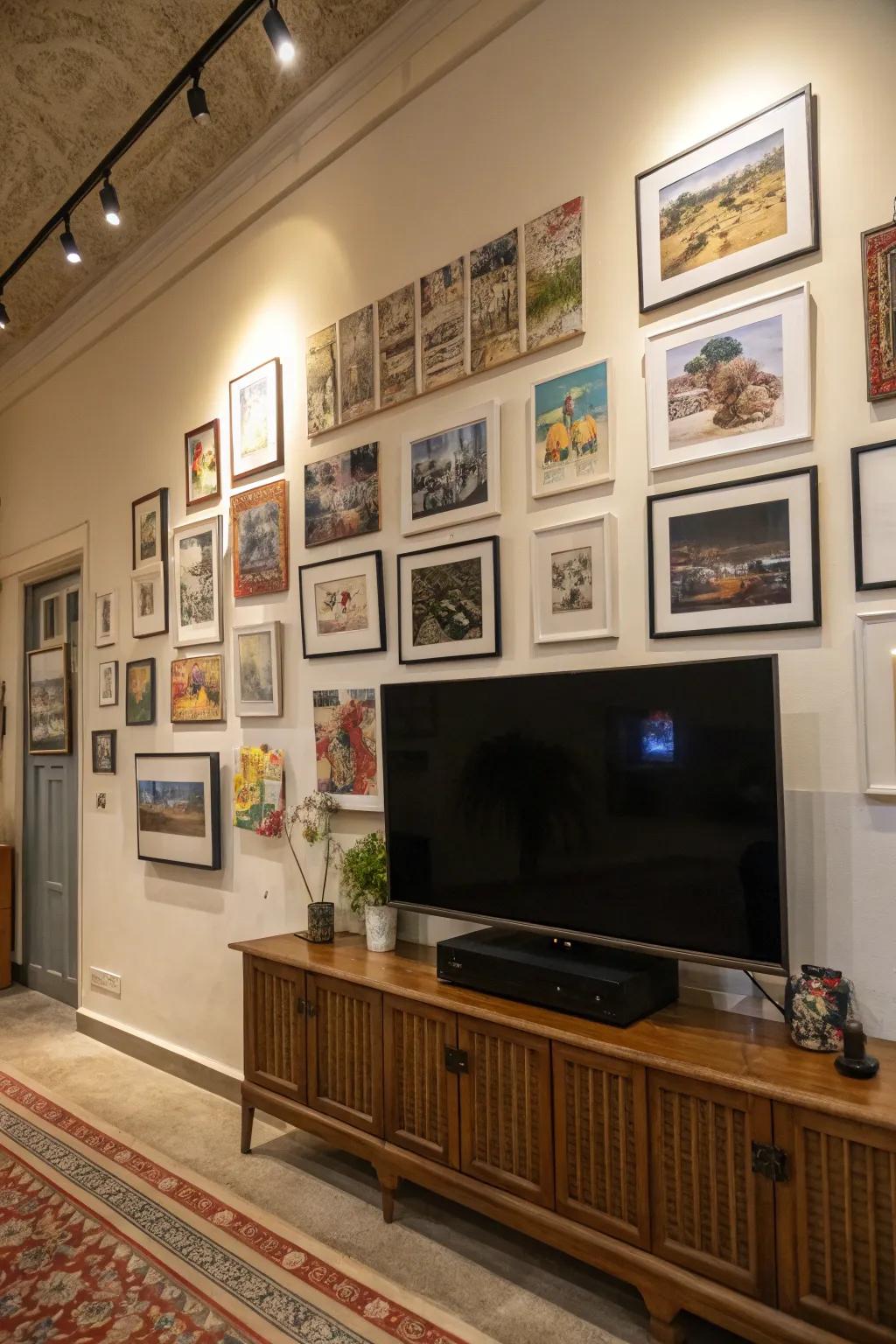 A gallery wall enhances your TV area with character and interest.