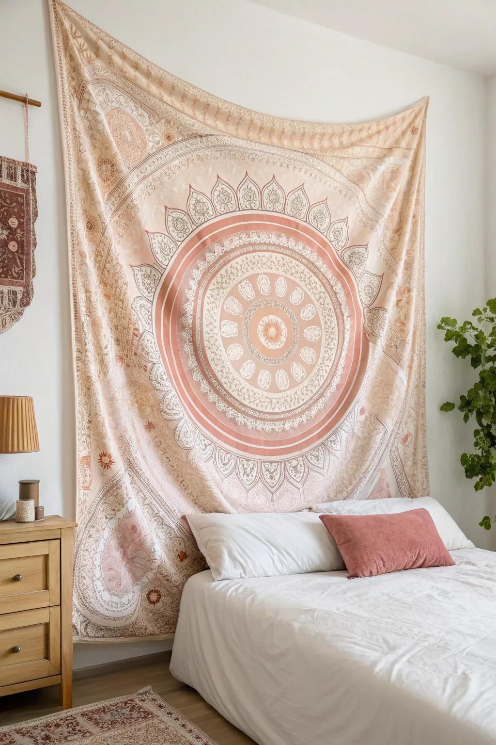 A fabric tapestry adding a soft touch to a sleeping area.