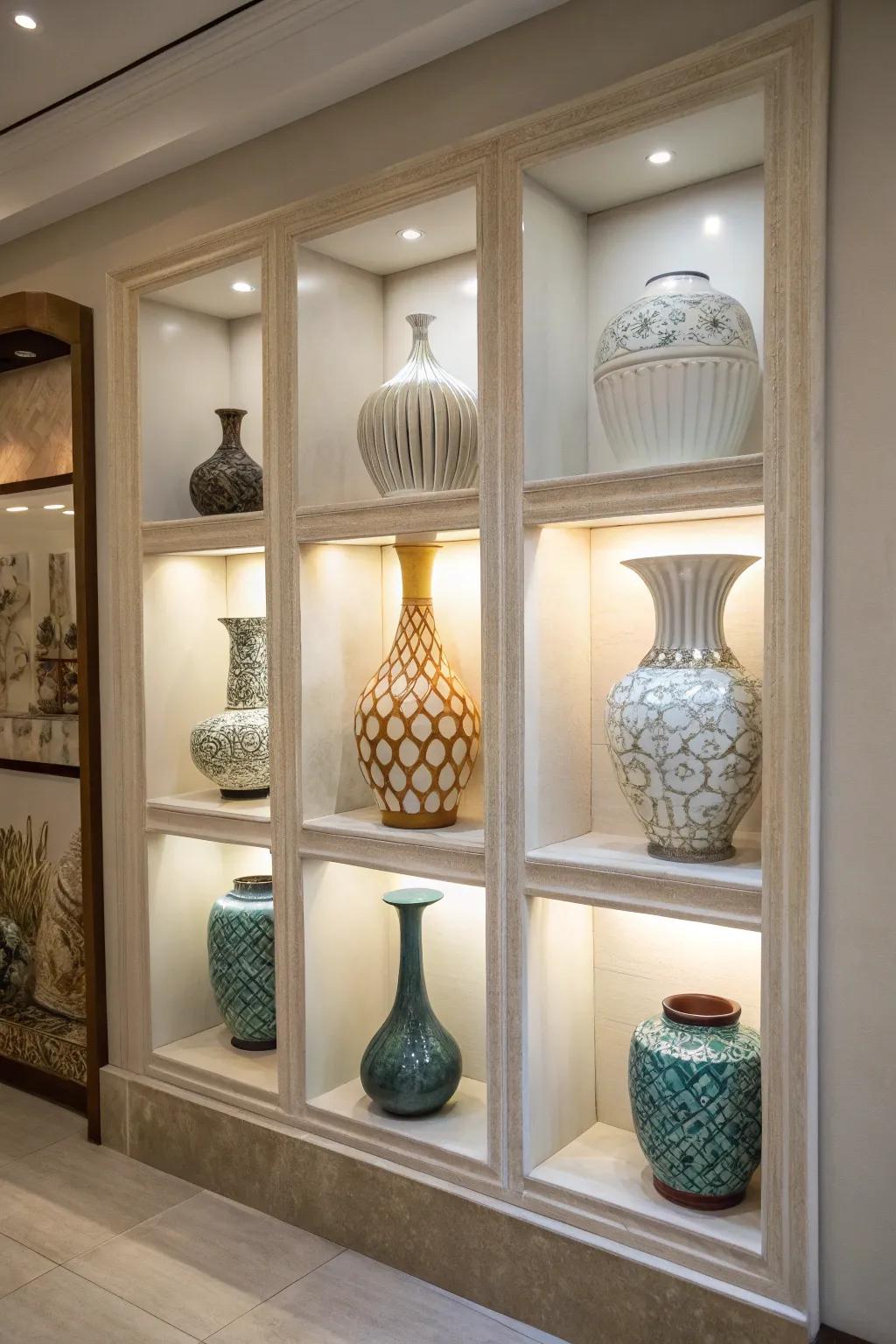 A wall niche shows off a bunch of pots for a great display.
