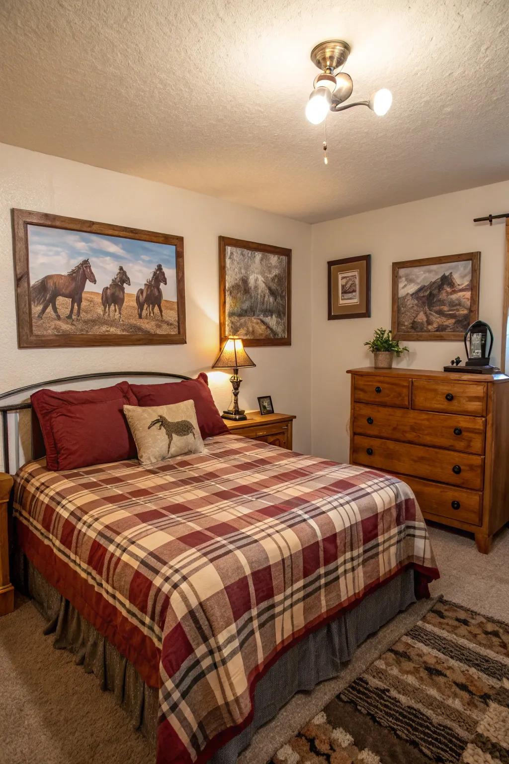 Western art introduces dimension and storytelling to the sleeping quarters.