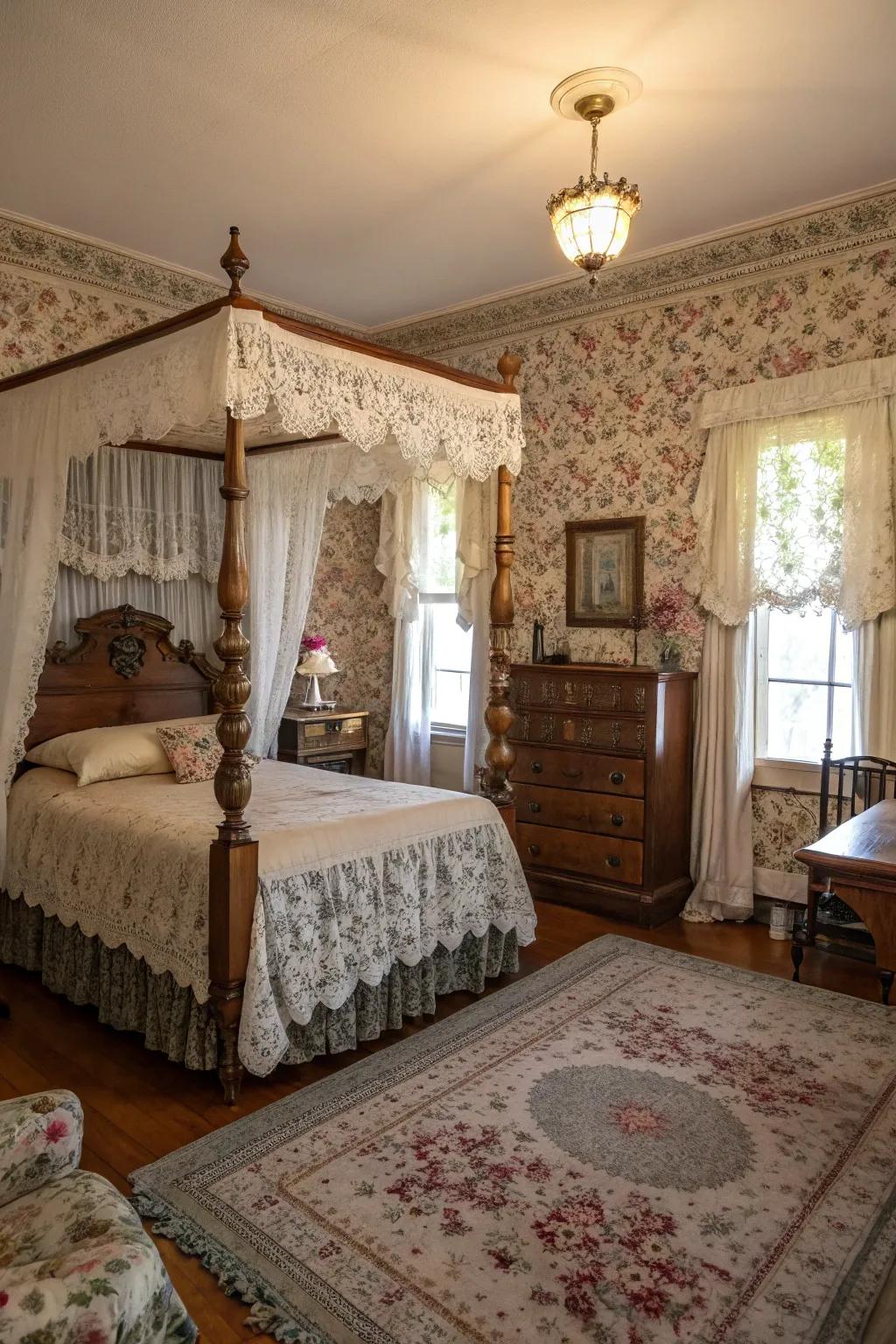 A bedroom featuring retro decor elements and antique furnishings.