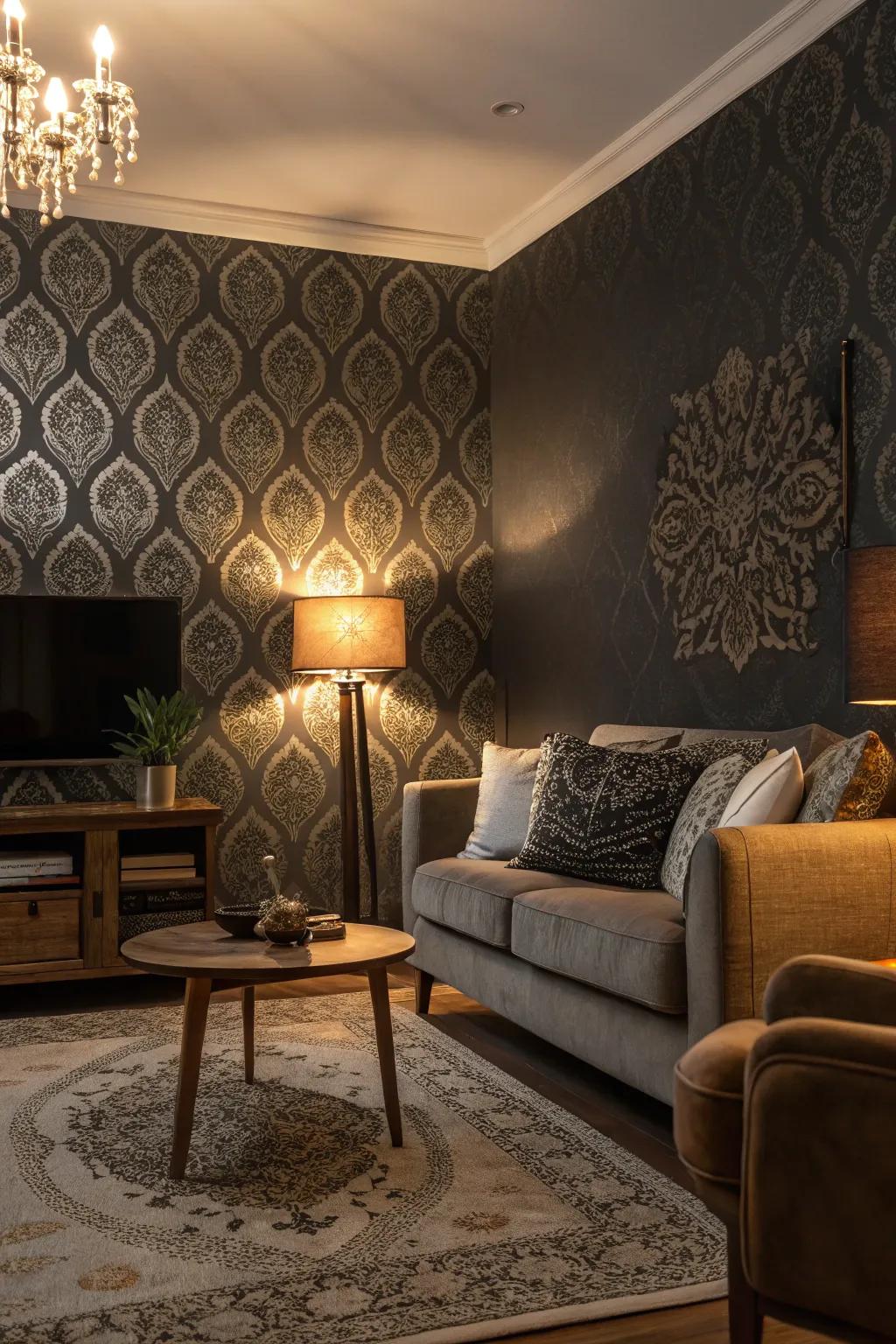 Dark wallpaper adding intrigue to an atmospheric living space.