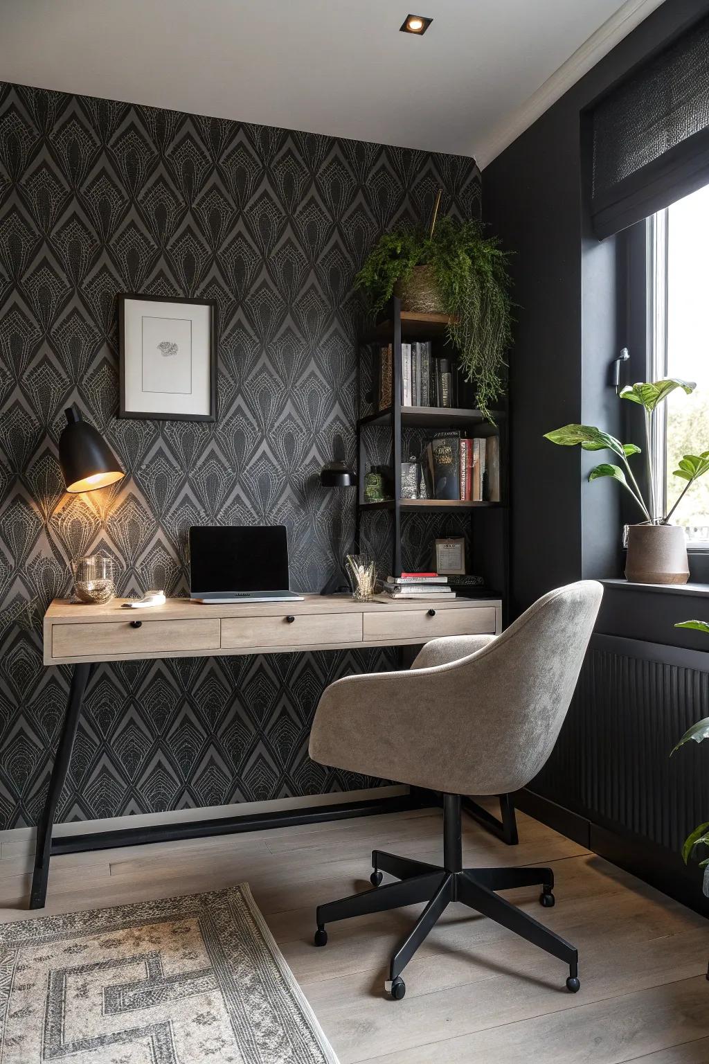 Elegant wallpaper creates a dramatic office atmosphere instantly.