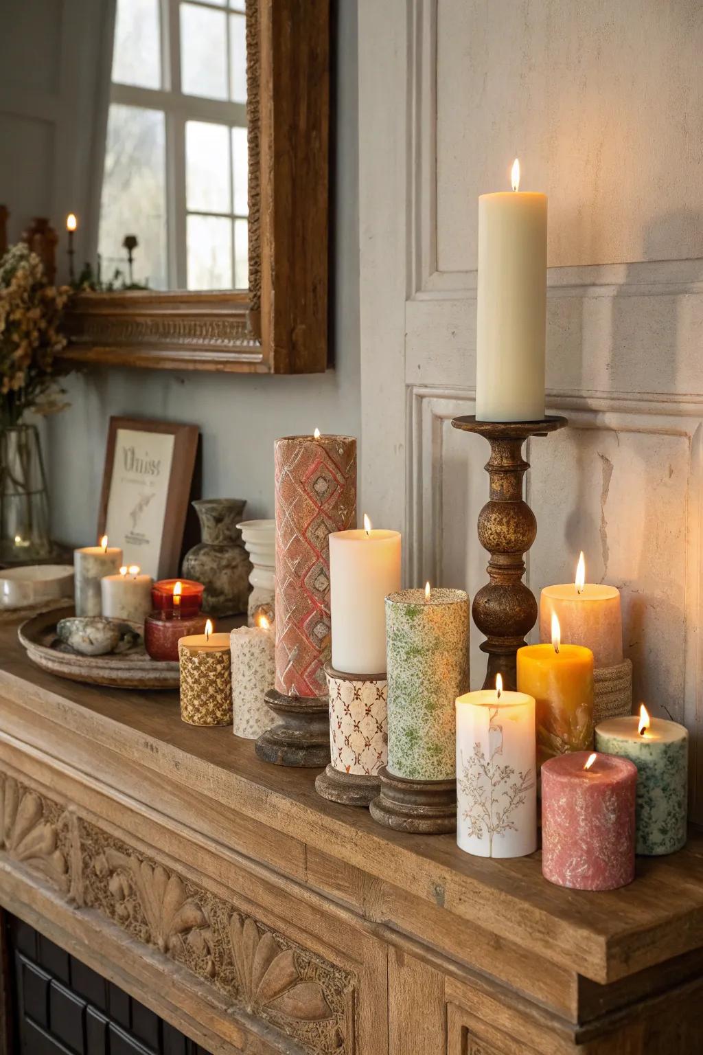 A varied array of candles producing a cozy, inviting glow.