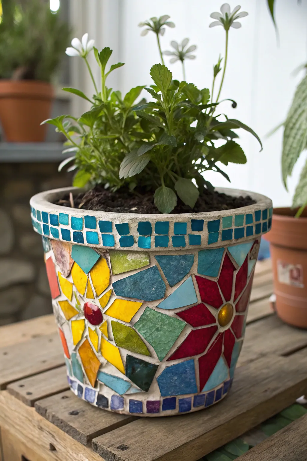 Clay pot craft ideas with a mosaic tile pot decorated with colourful broken tiles and grout