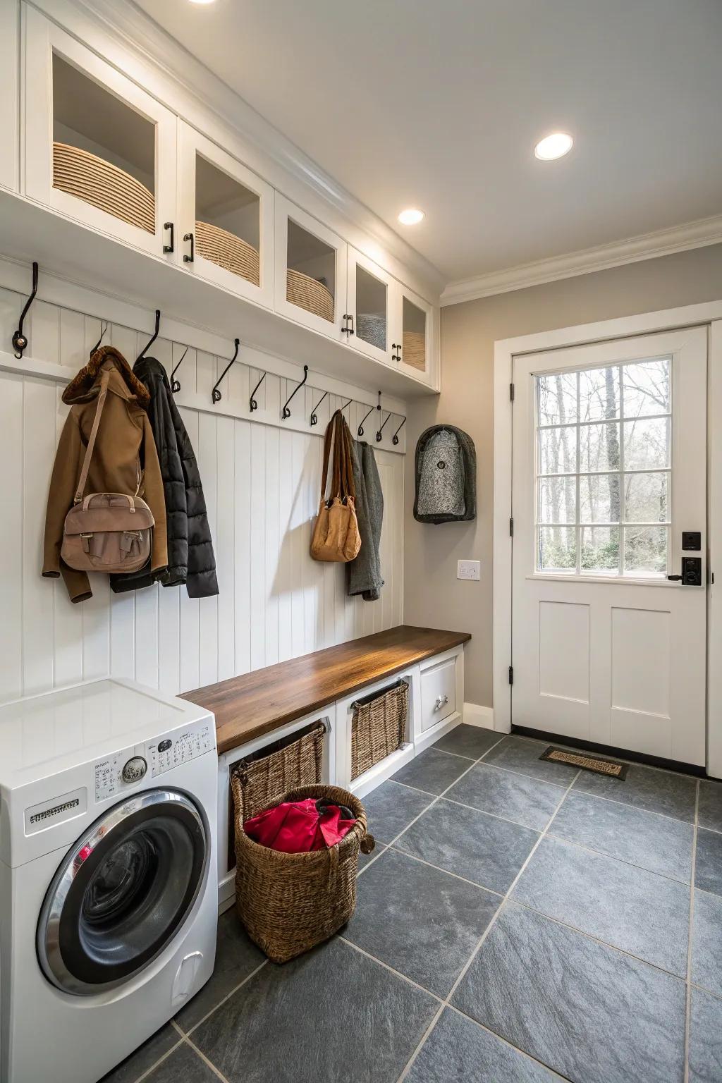 An entryway that serves as a laundry area.