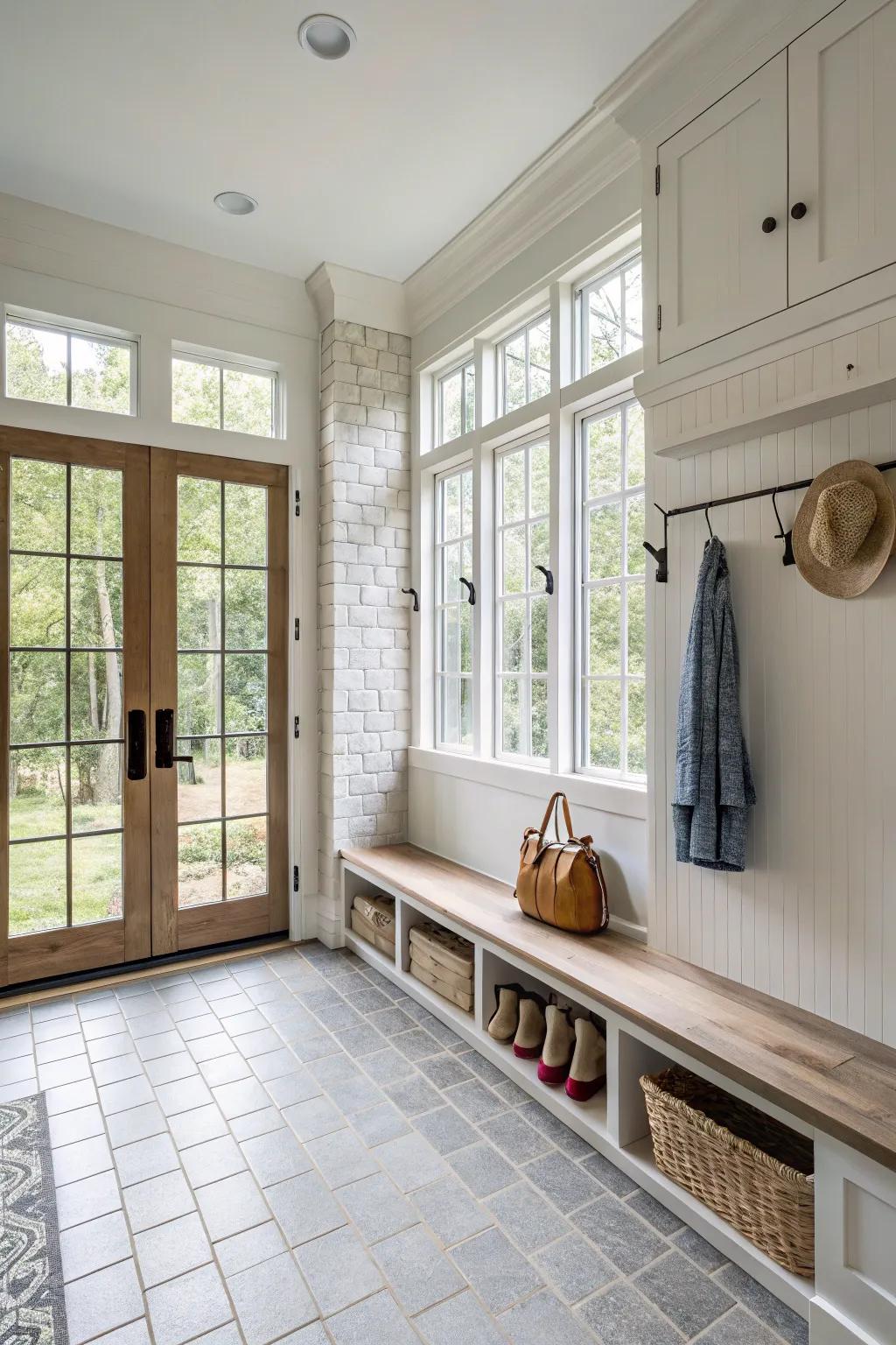 Light-enhancing tiles creating an airy mudroom