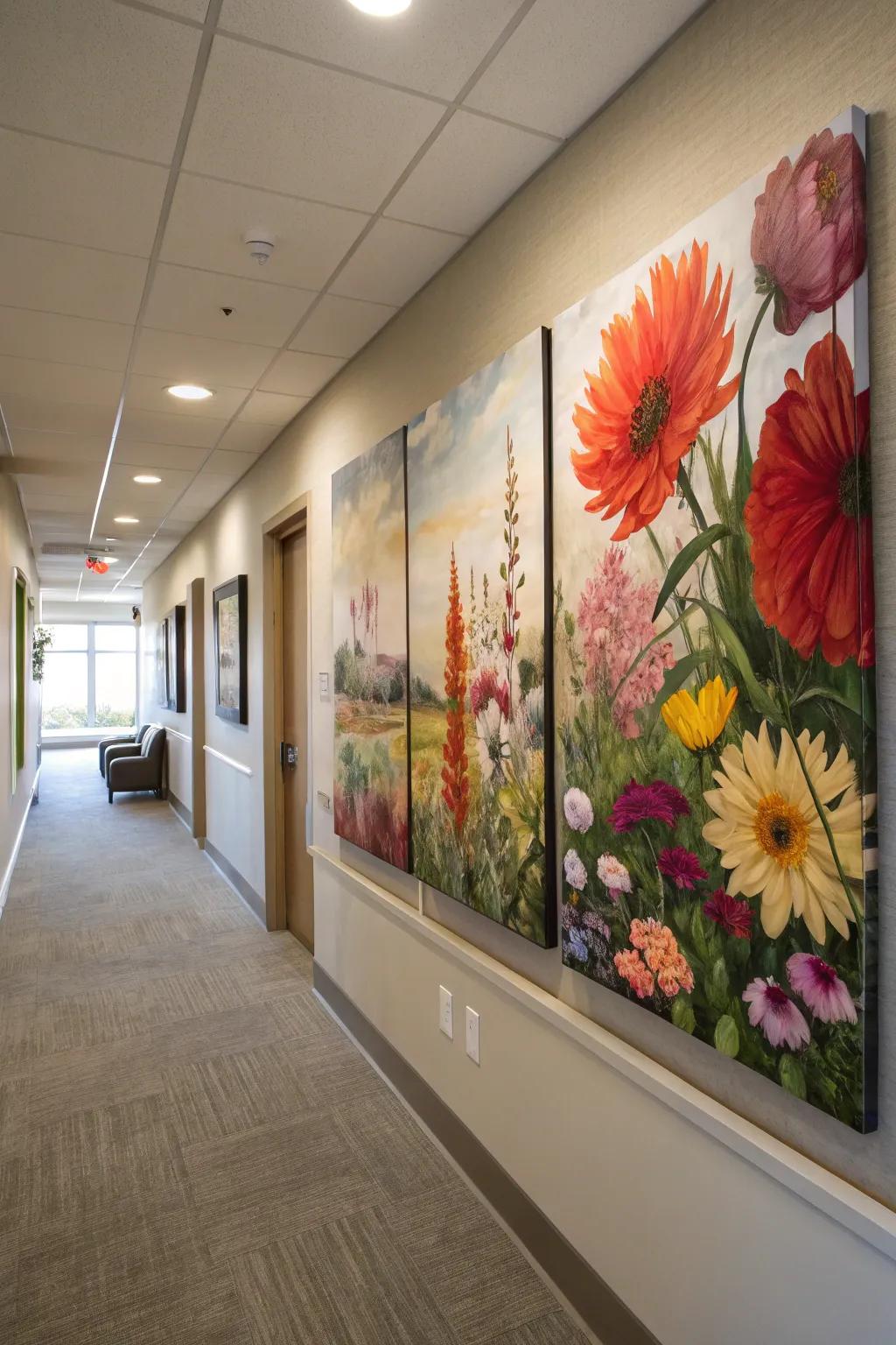 A garden of vibrant floral paintings that extends over several canvases, which makes the hallway more bright.