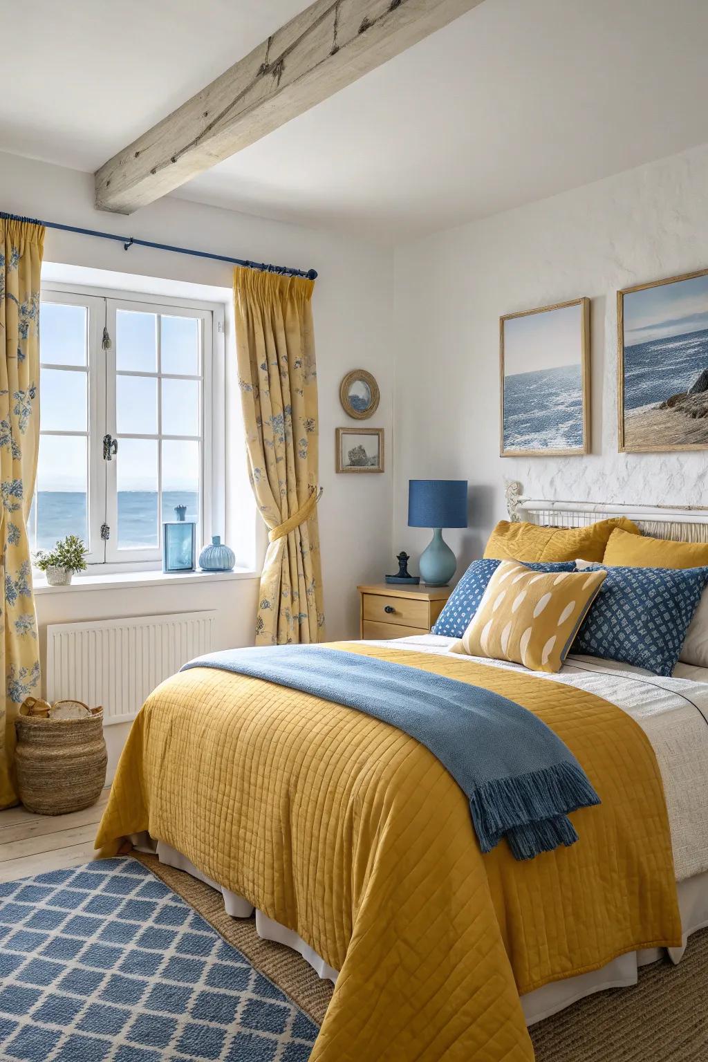 A coastal-inspired bedroom with the calming presence of goldenrod and blue.
