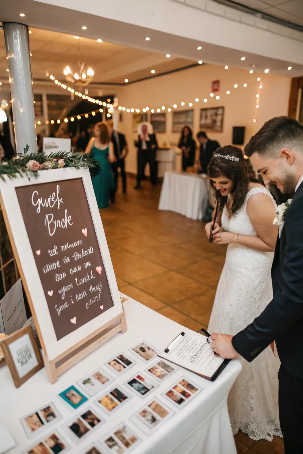 Interactive guestbooks with Polaroid stations create cherished keepsakes.