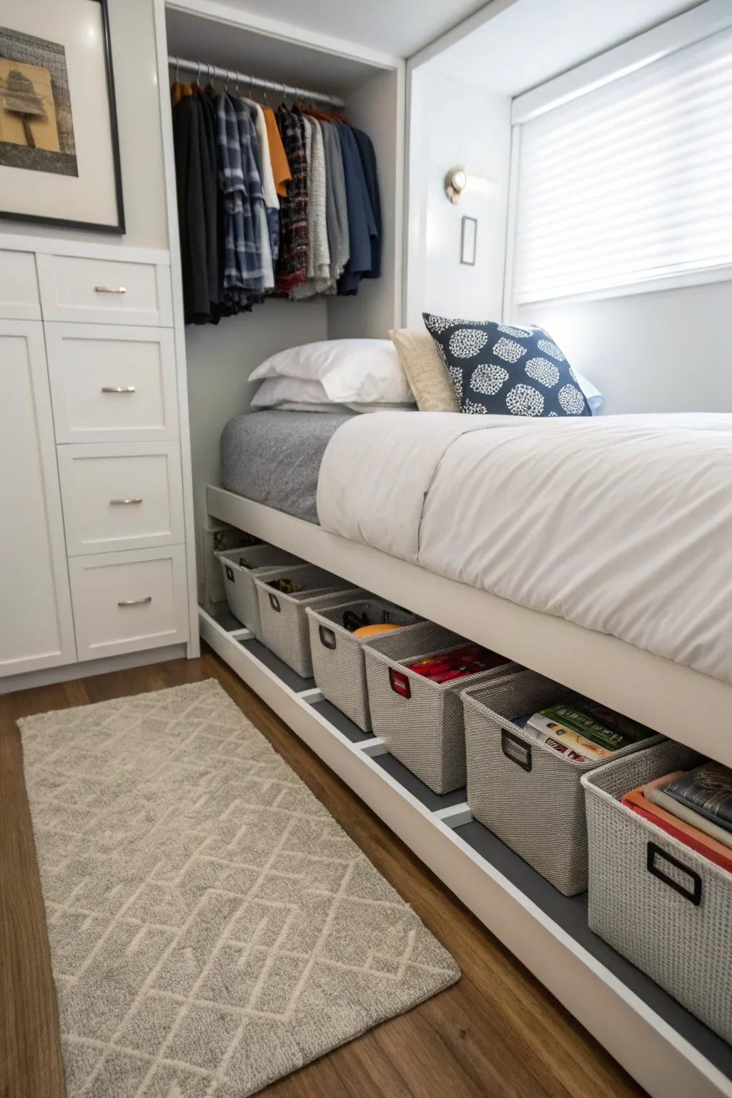 Beneath bed storage keeping essentials structured within a slender bedroom.