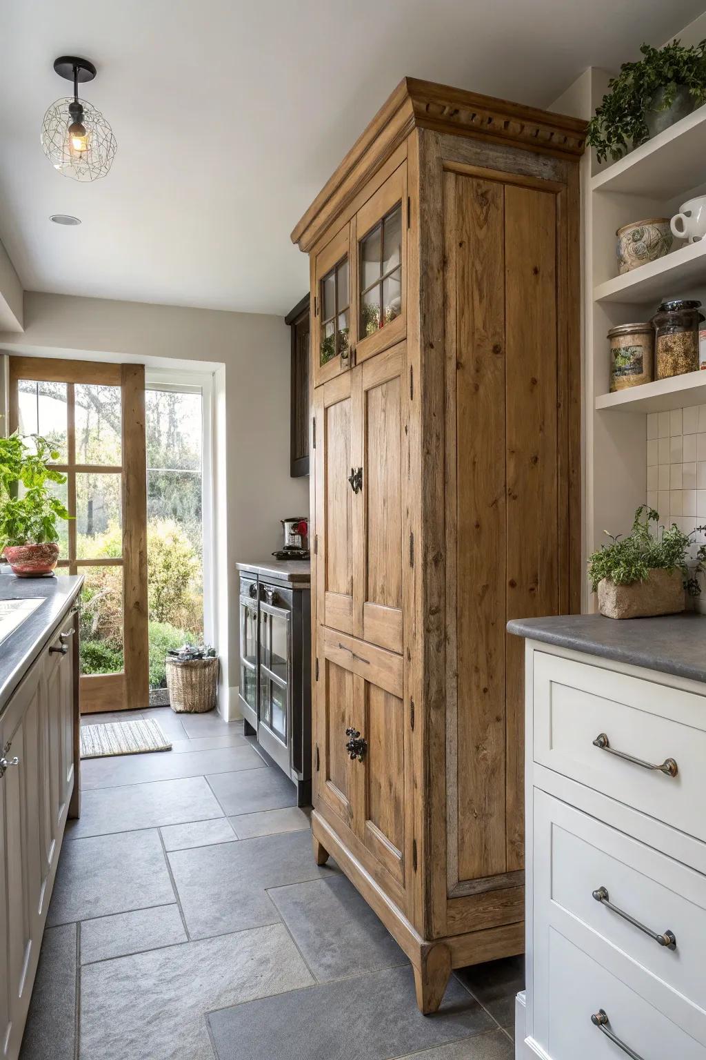 Repurposed vintage furniture that adds character and storage to a slim kitchen.