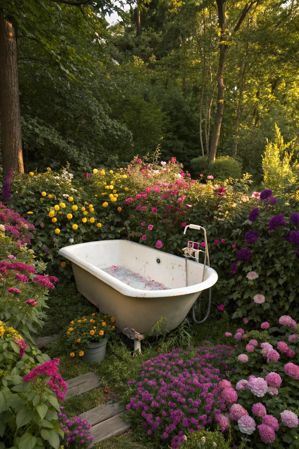 Find serenity in a garden hideaway, set against a floral backdrop.
