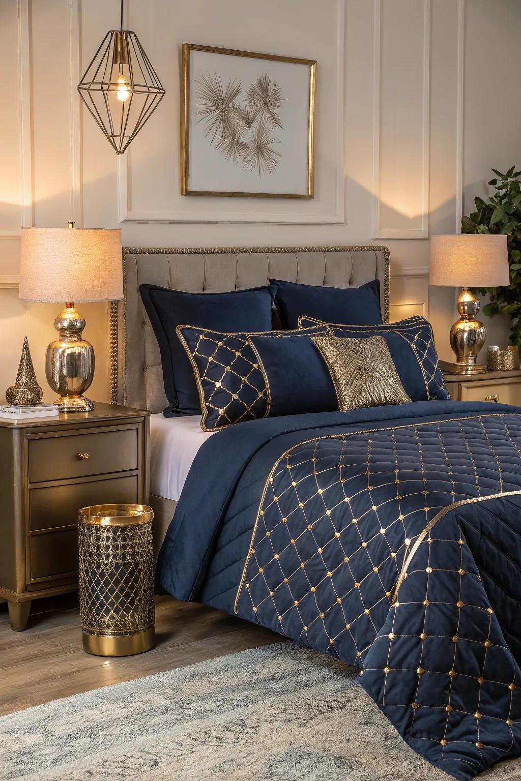 Incorporate glamour with metallic details and dark blue bedding.