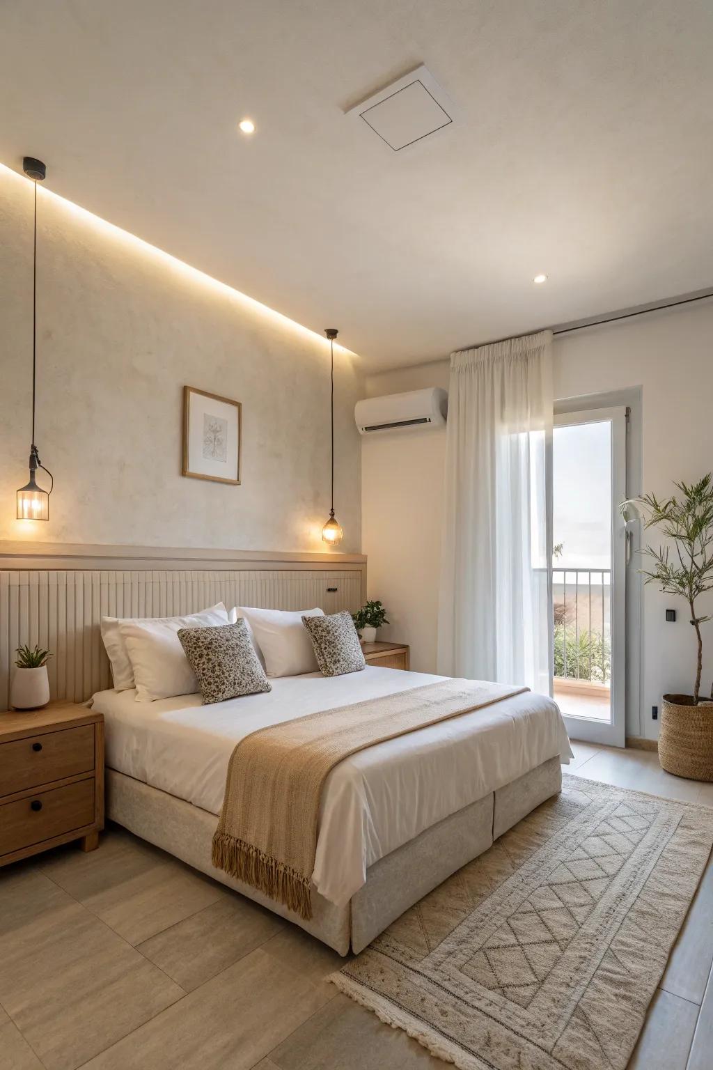 Understated decor fashions a serene and uncluttered bedroom retreat.