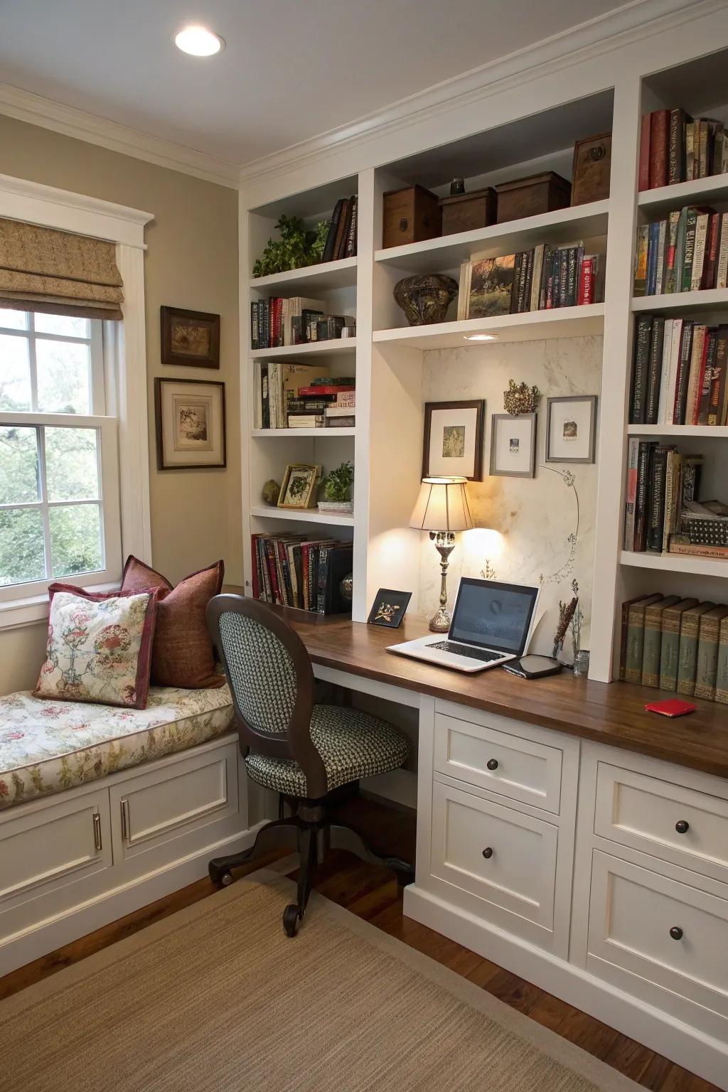 Integrated seating for a snug office escape.