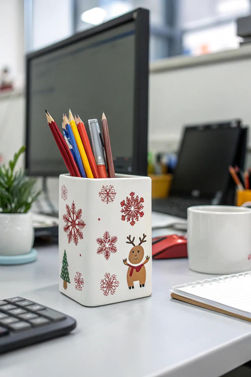 A festive writing utensil stand adds a personal touch of holiday spirit.