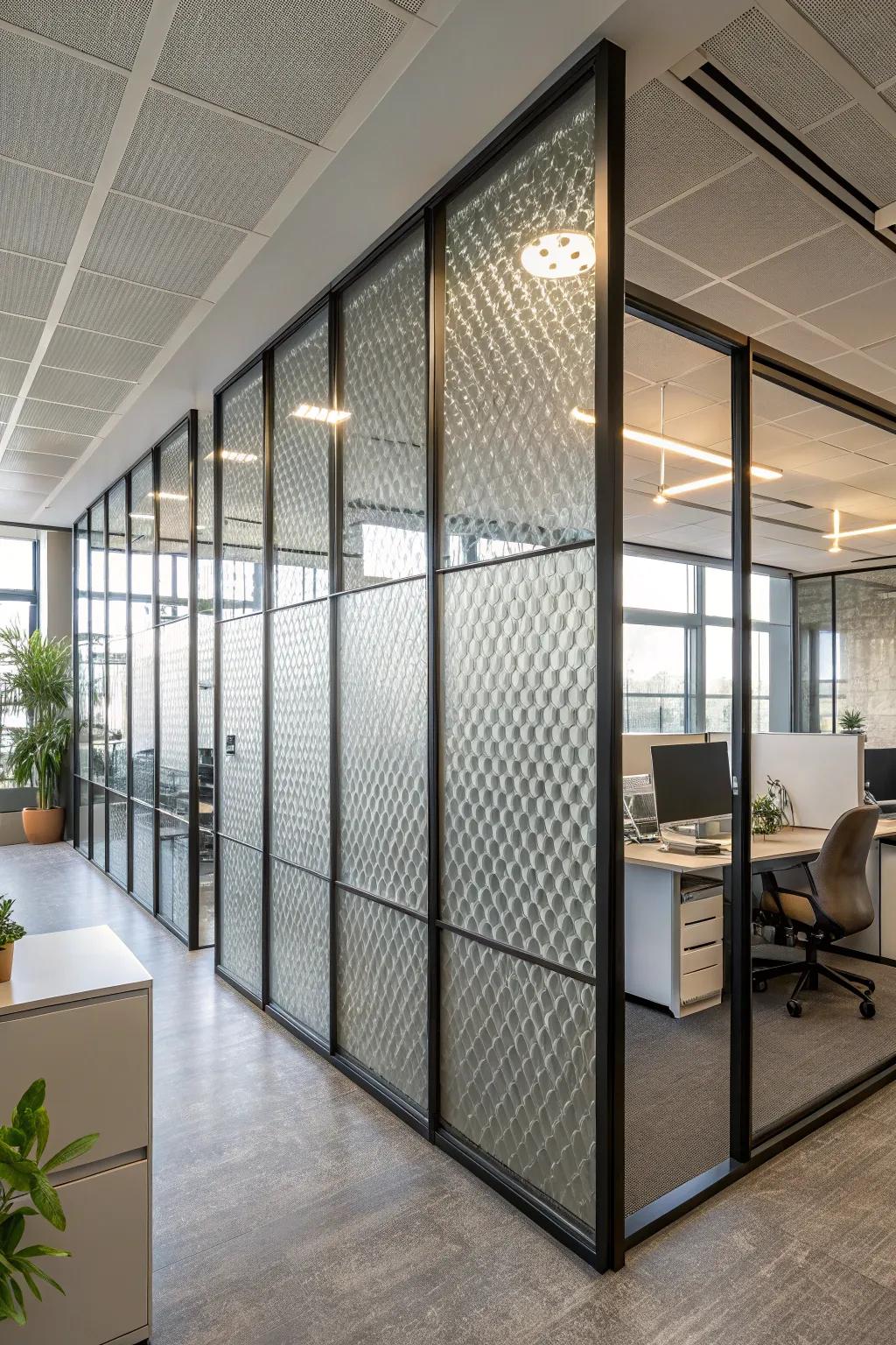 Blended materials provide texture and dimension to office dividers.