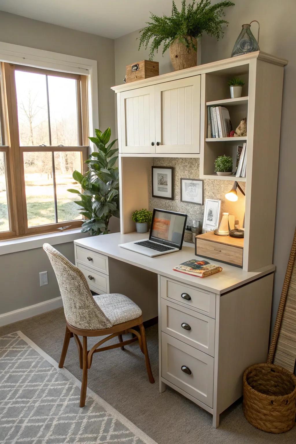Maintain an organized workspace with hidden storage solutions.