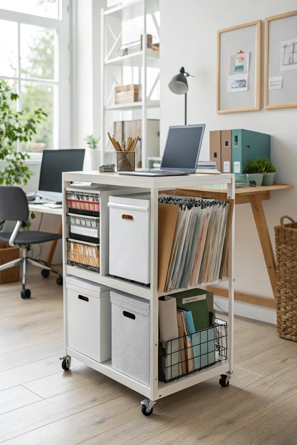 A transportable cabinet offers convenience and adaptability in storage.