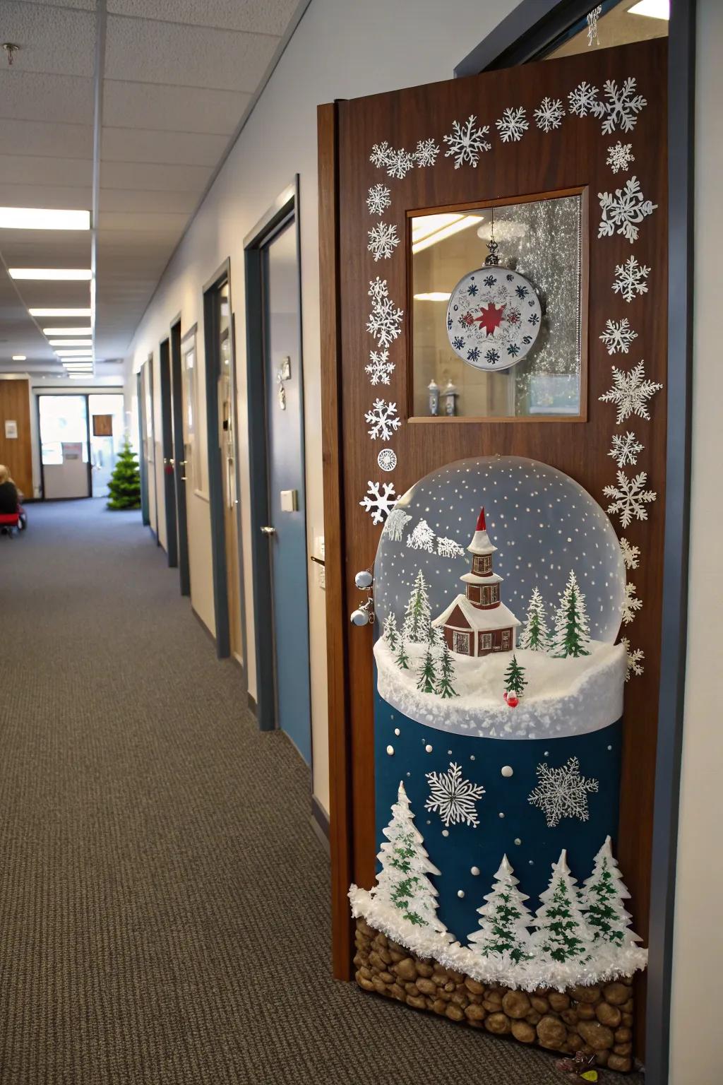 Capture the magic of a snow globe with your door decor.