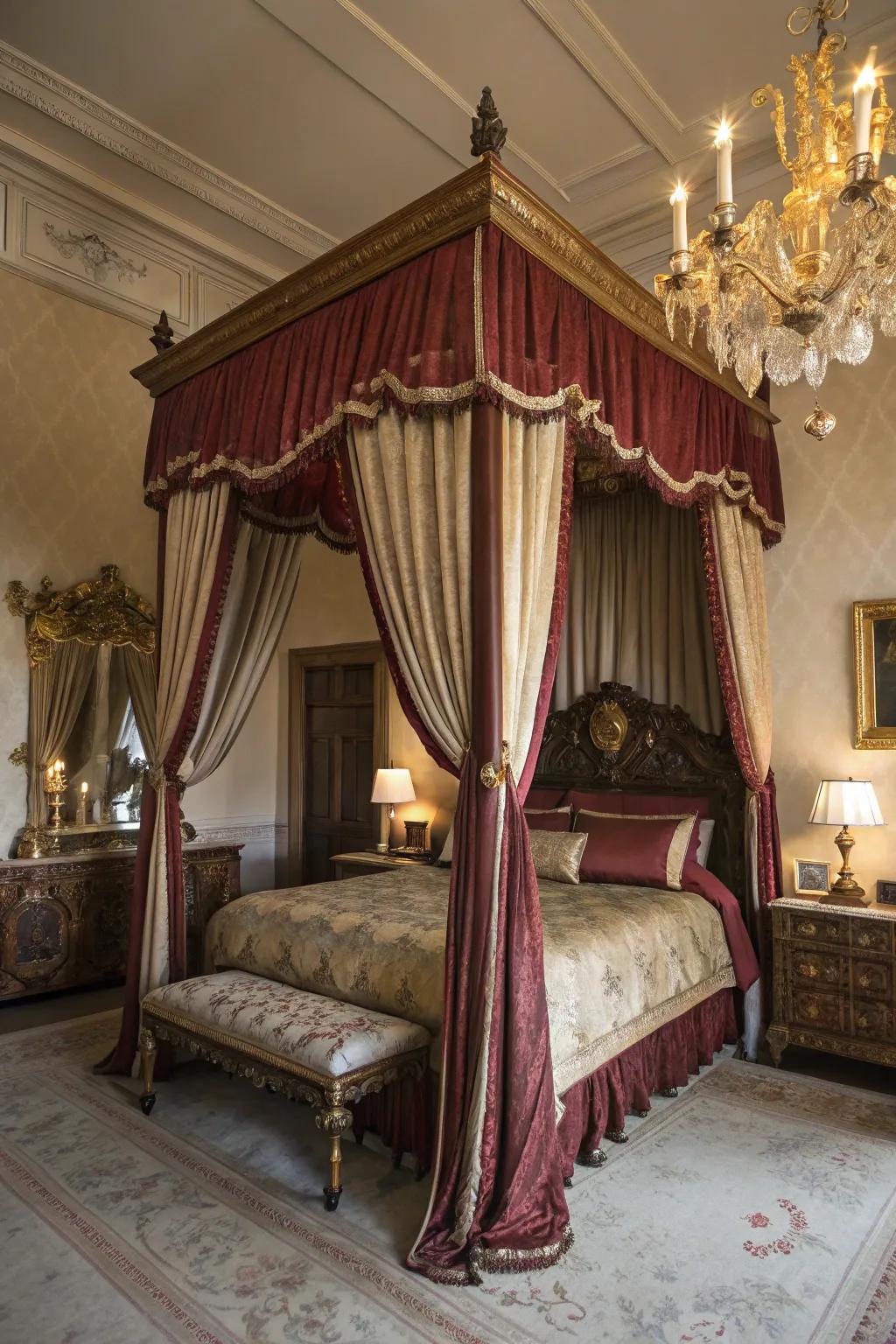 A covered bed creates a dramatic focal point.