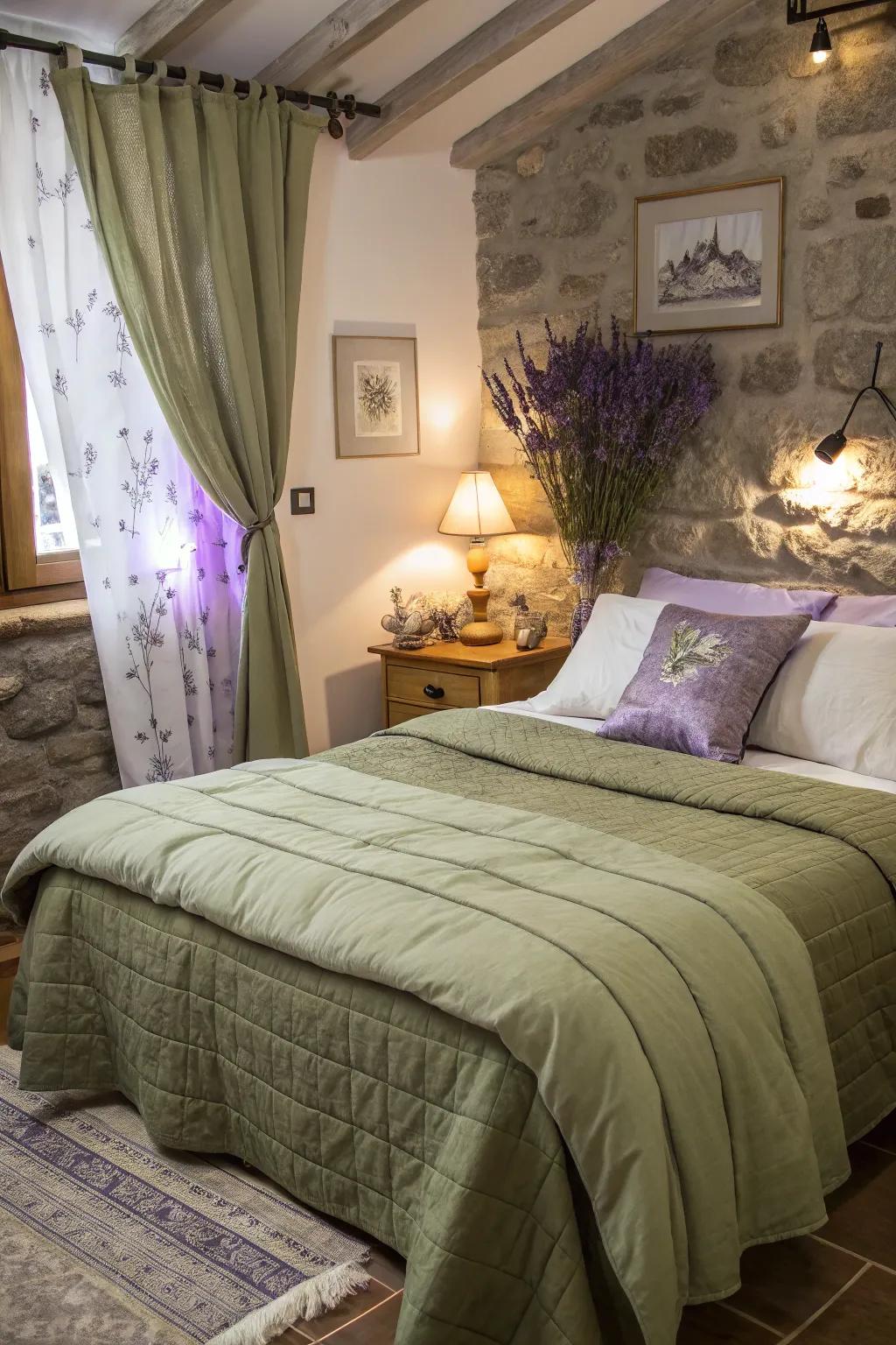 Lavender accents offer a refreshing surprise to deep moss green bedding.