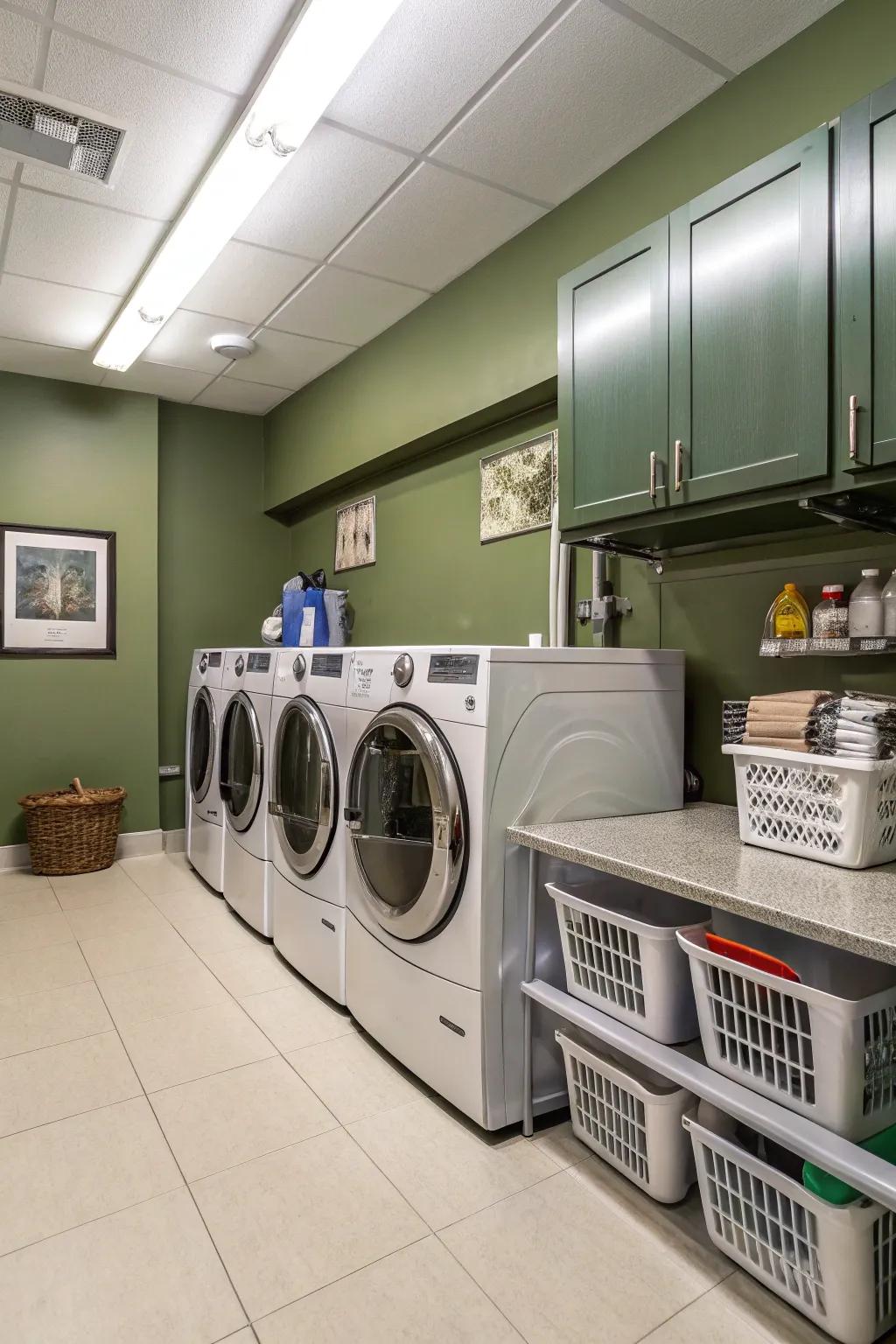 A cheerful laundry room with forest green walls.