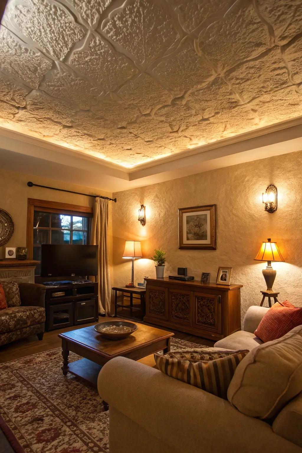 A living space featuring a textured plaster ceiling that enhances depth and captivates attention.