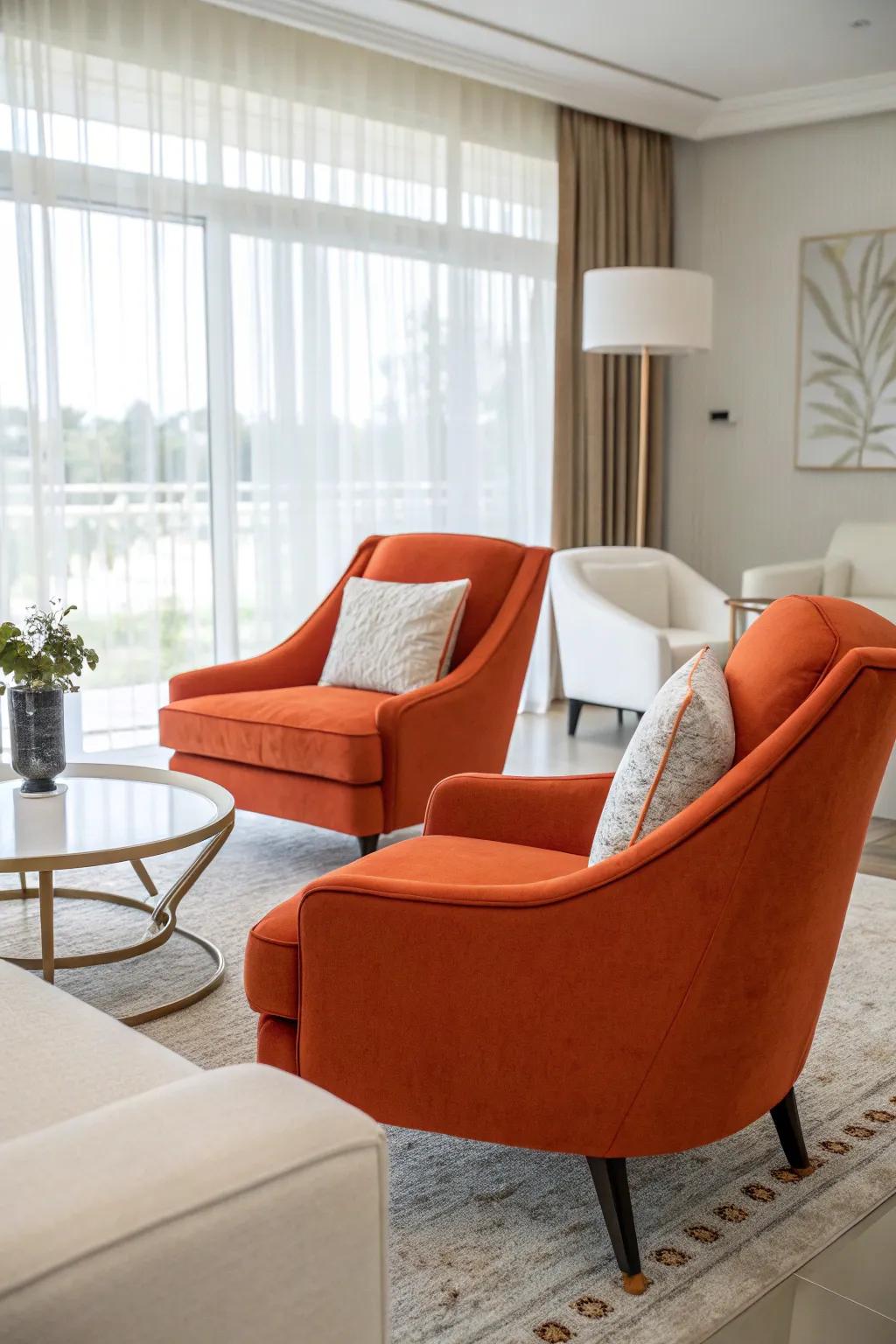 Tangerine accent chairs add energy and focus to a modern seating area.