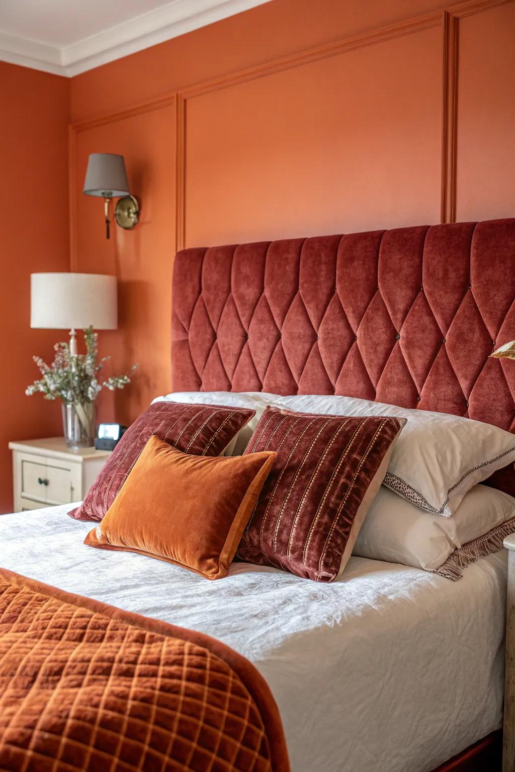 Plush fabric introduces a hint of luxury to the striking orange backdrop.