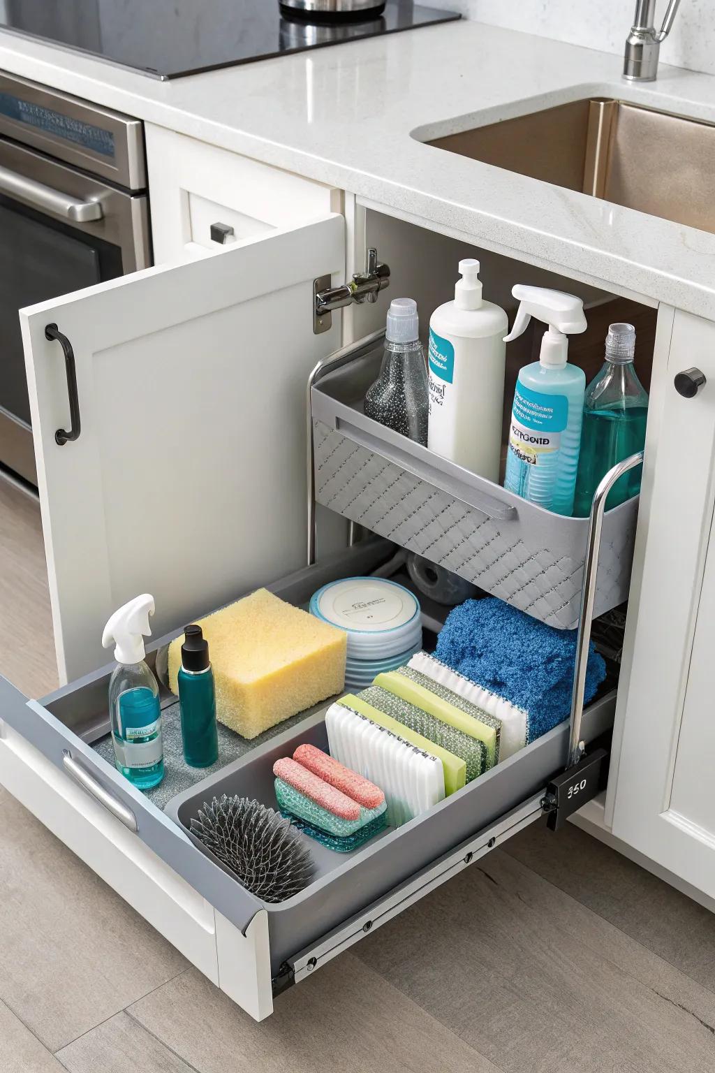 Sliding trays bring items from the back of the cabinet to you.