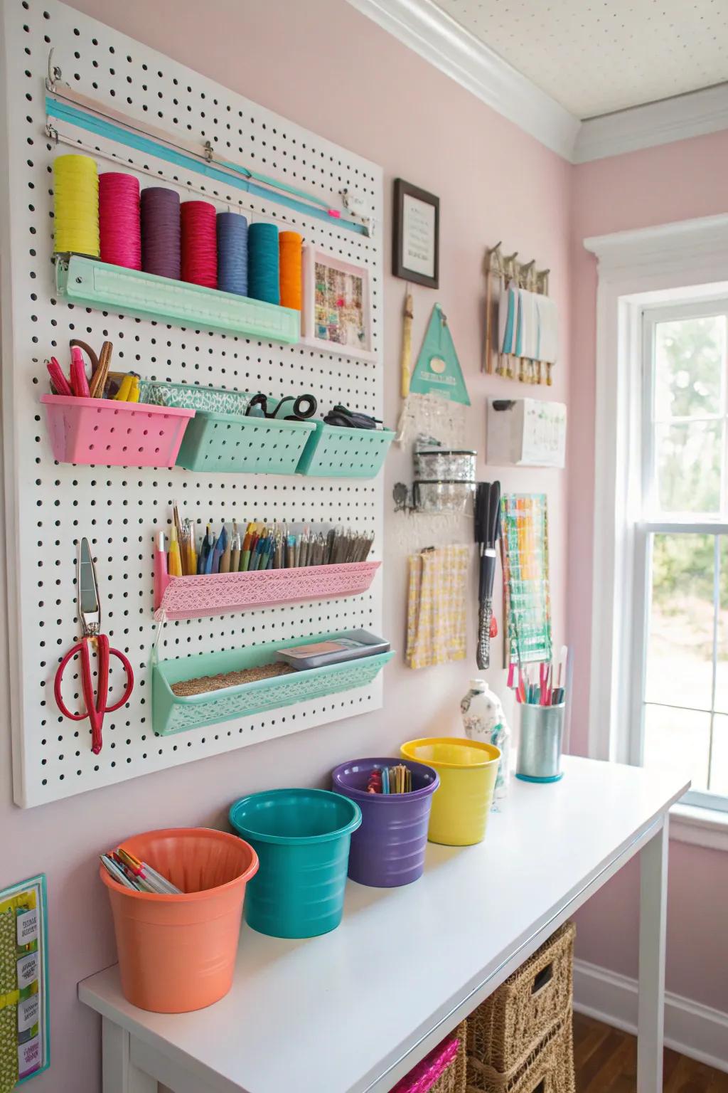 Pegboards provide flexible storage solutions.