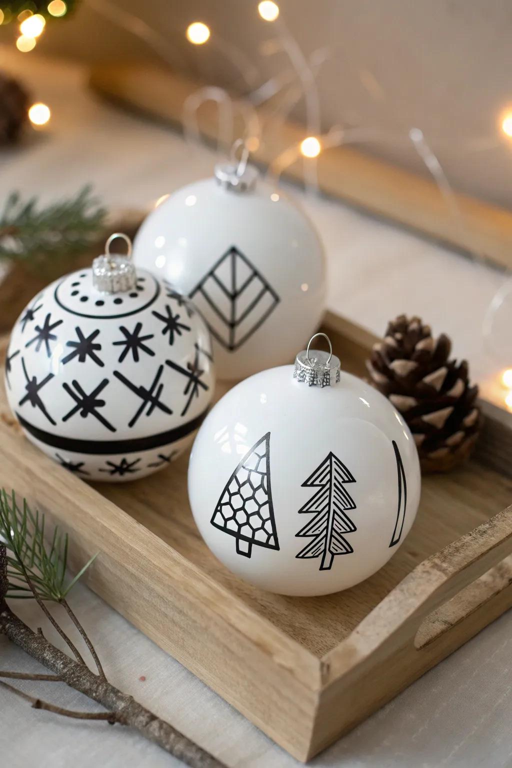 Minimalist monochrome ornaments offer sleek sophistication.