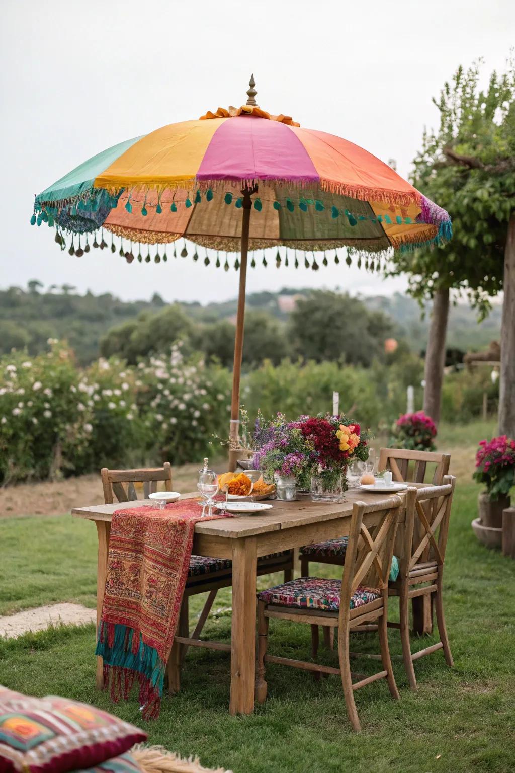 A colorful shade cover infusing charm into an outdoor dining space.