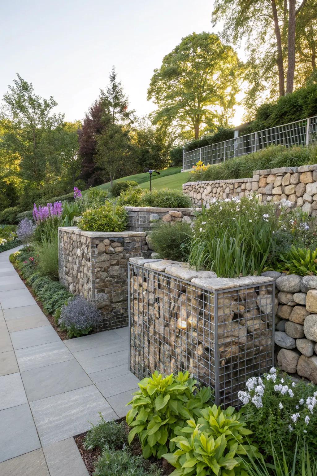 Gabion walls blend contemporary design with natural components.