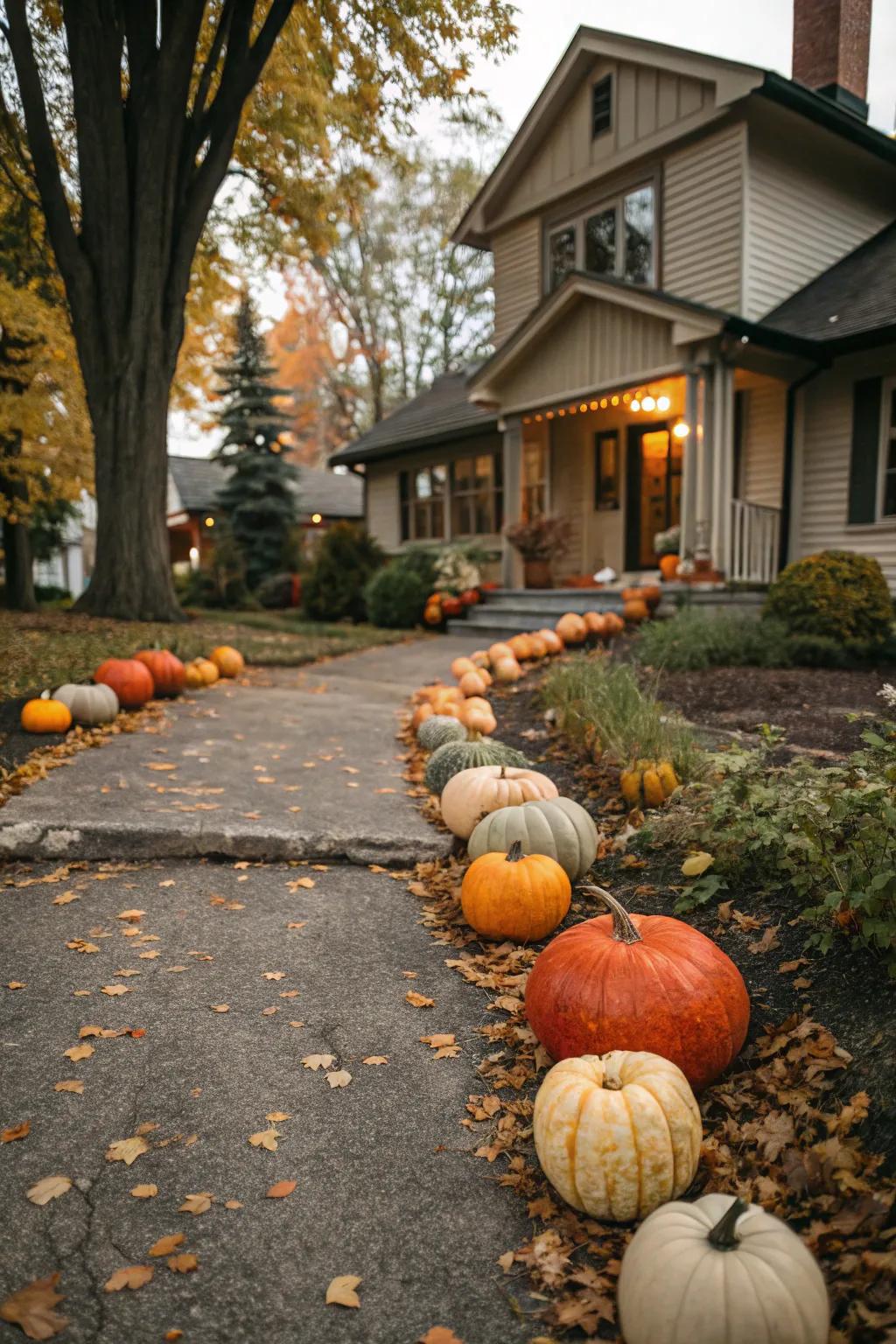 A welcoming trail of pumpkins directing guests to the Halloween festivities.