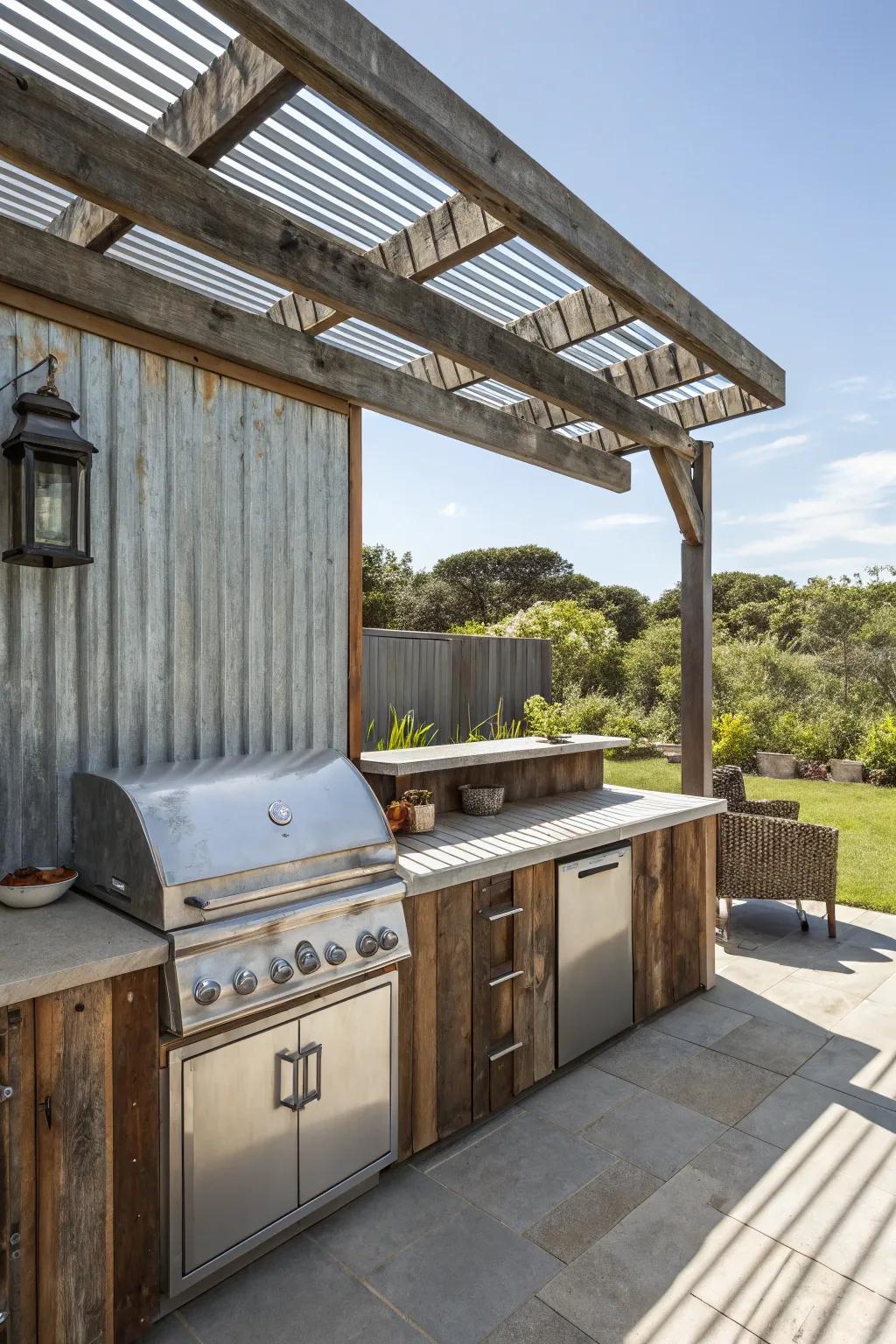 Weathered metal backsplashes deliver a raw and rustic charm to outdoor cooking spaces.