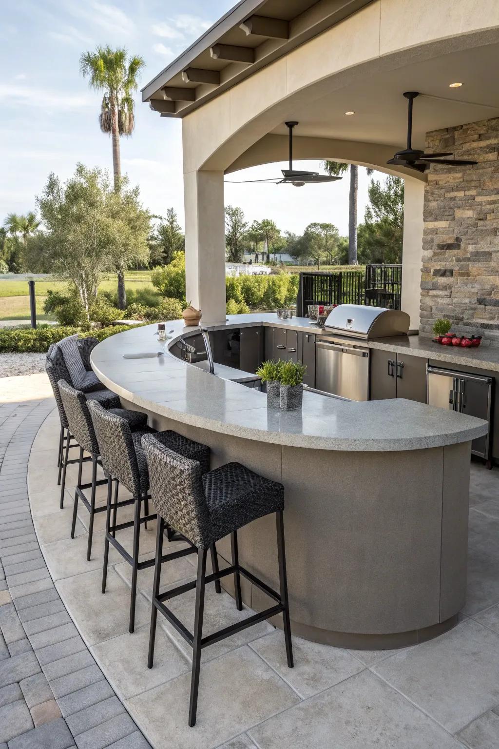 A modern outdoor kitchen counter with a distinctive round island.