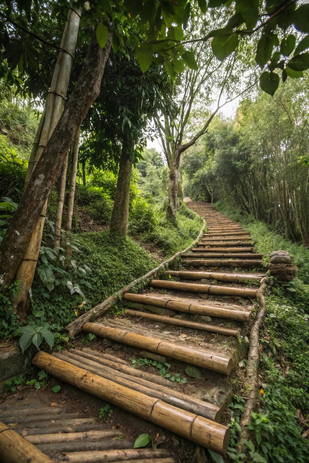 Bamboo and log steps enhance natural vibes, providing sustainability.