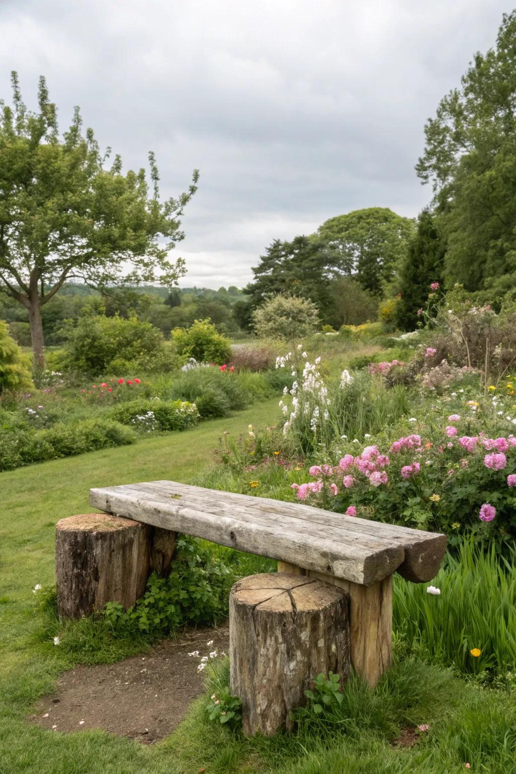 A garden bench made from stumps offers a peaceful spot to enjoy the outdoors.