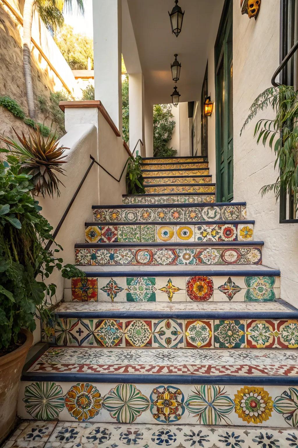 Artistic tiles transform these steps into a work of art.
